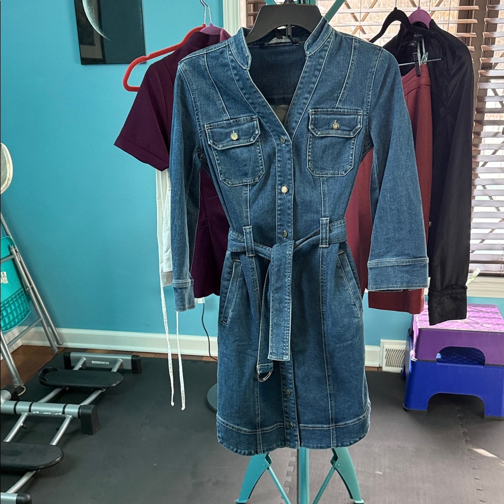 White House Black Market Dark Blue Denim Belted Coat